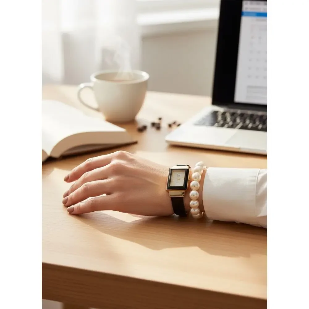 Vintage TIME Watch & Faux Pearl Bracelet Set Gold Cuff Quartz